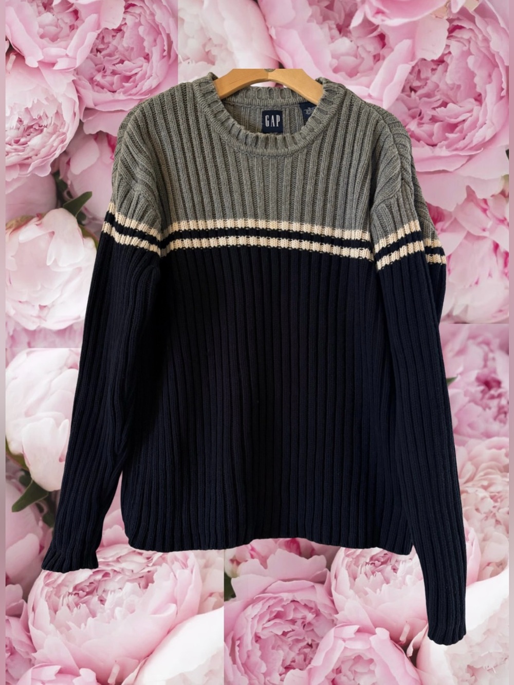 Cable Knit Sweater GAP Colorblock Ribbed Chunky Y2K Classic Casual Crewneck